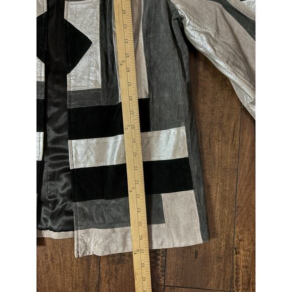 Adrienne Landau Genuine Leather Coat Womens S Metallic Art Colorblock Silver NWT - Picture 5 of 11